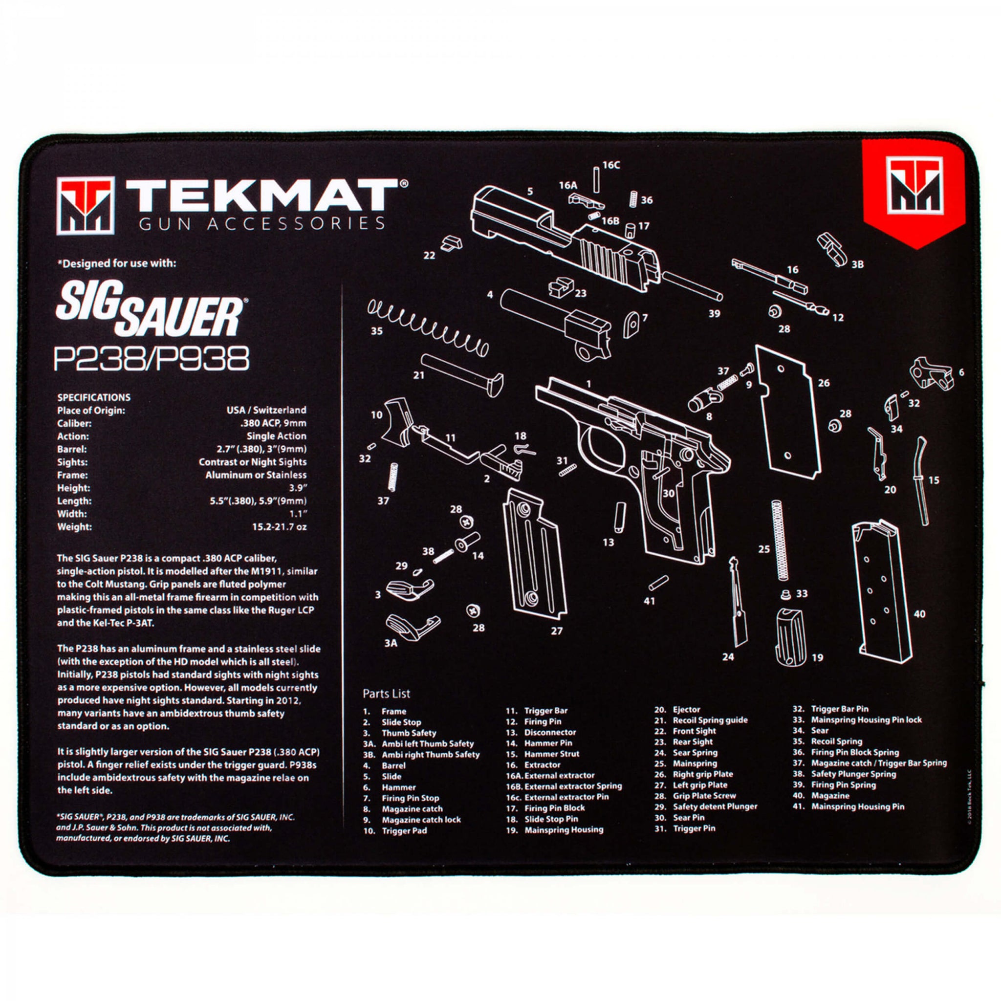 TekMat Sig Sauer P238/P938 Ultra Premium Reinigungsmatte 15x25 Zoll