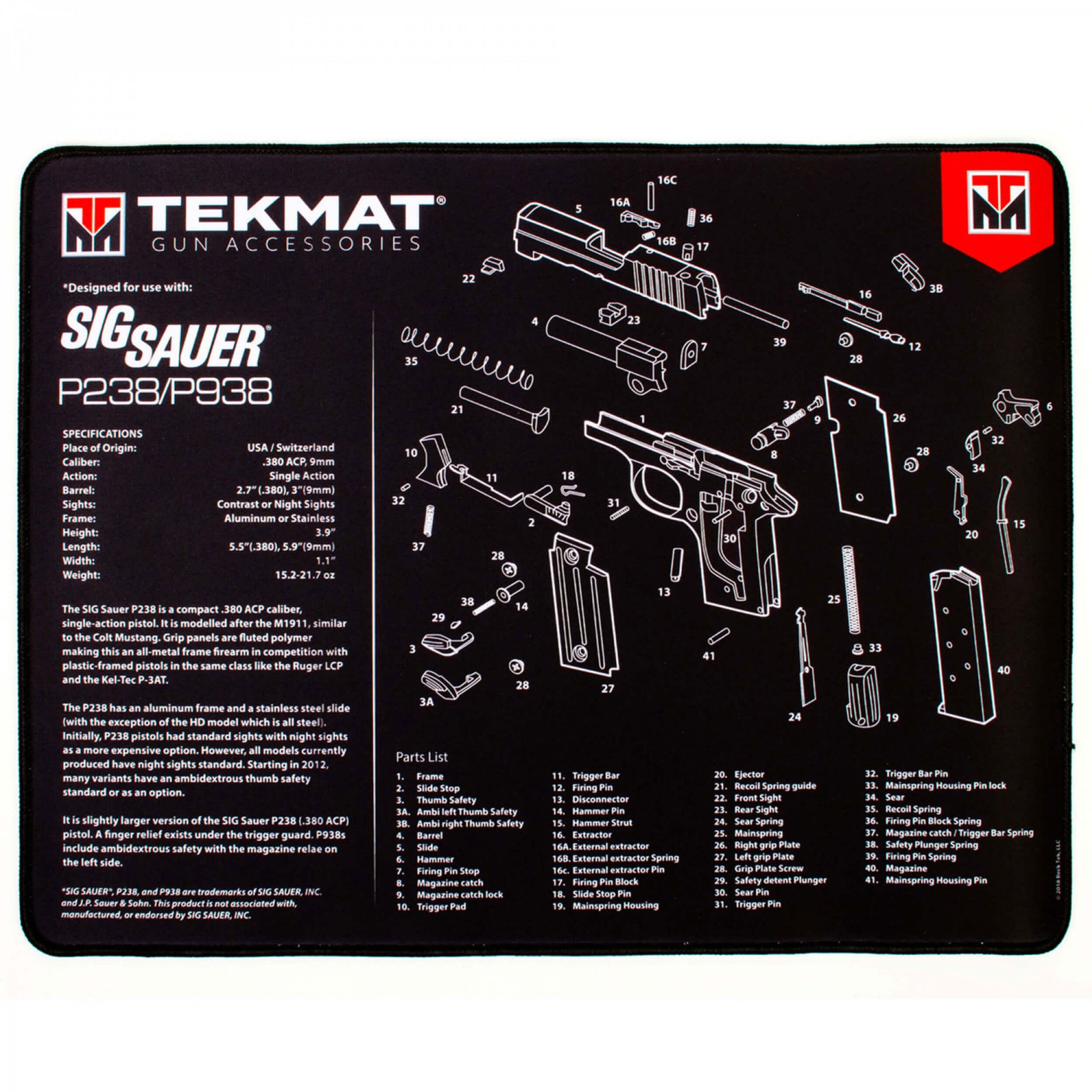 TekMat Sig Sauer P238/P938 Ultra Premium Waffenreinigungsmatte 15x25 Zoll B-WARE