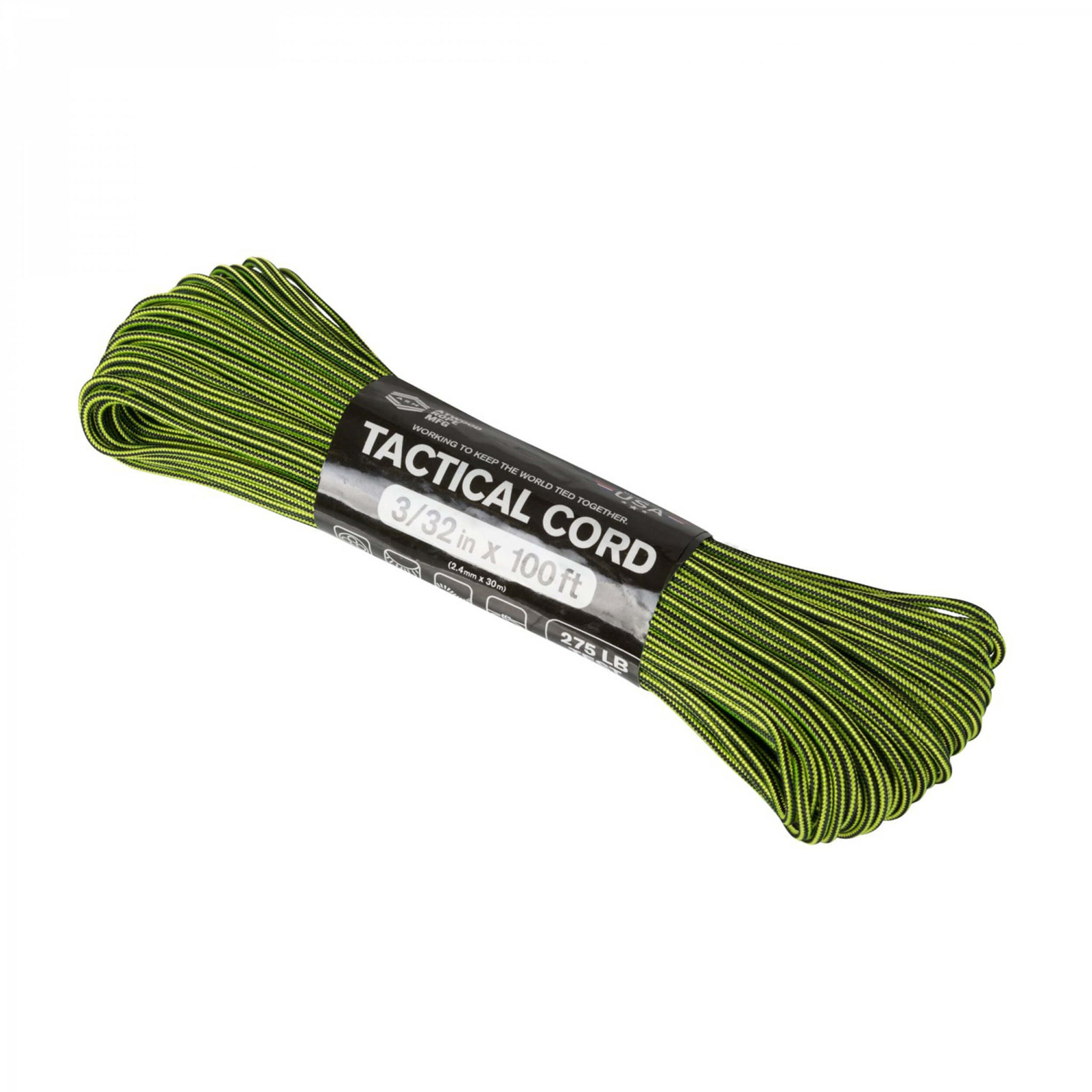 Atwood Rope 275 Tactical Cord (100 ft / 30 m) neon yellow & black stripes